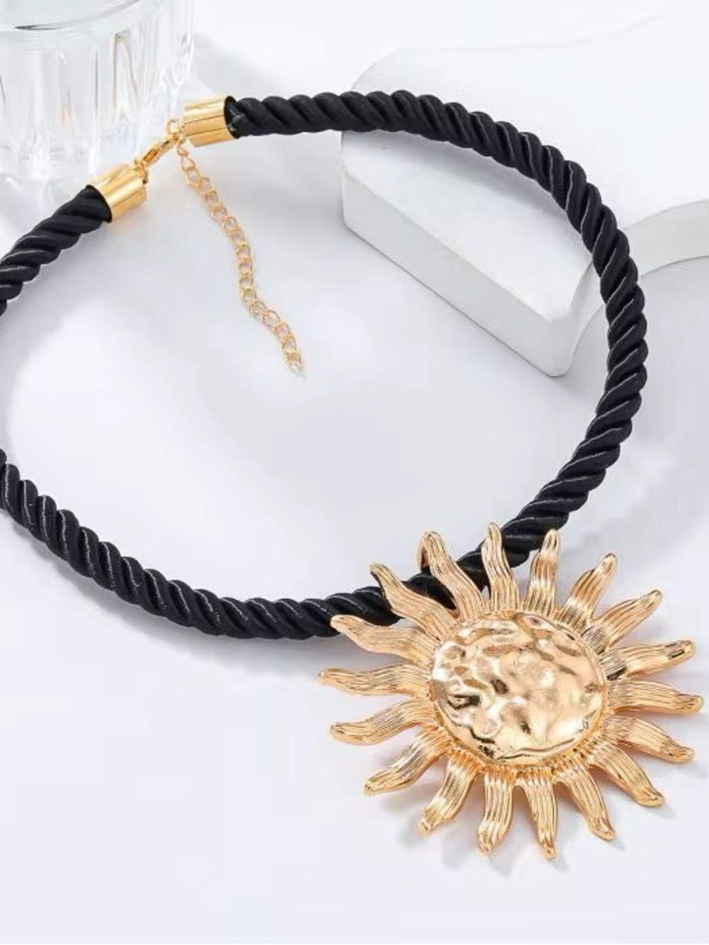 Gold Sun Pendant Black Rope Choker Necklace